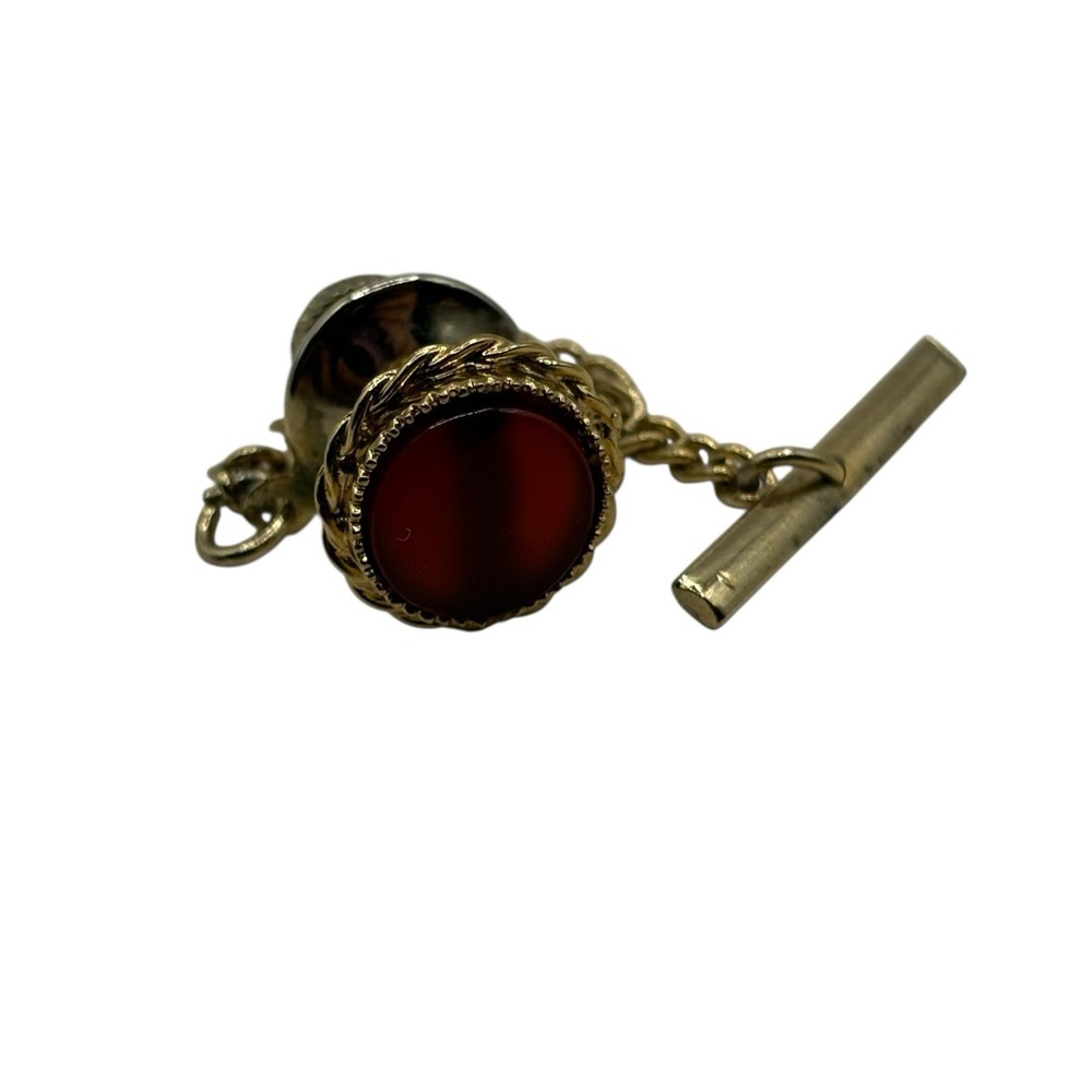 Carnelian Agate Tie Tack Vintage Pin Round W Chain Gold Tone Twisted Edges Stone - Picture 3 of 10